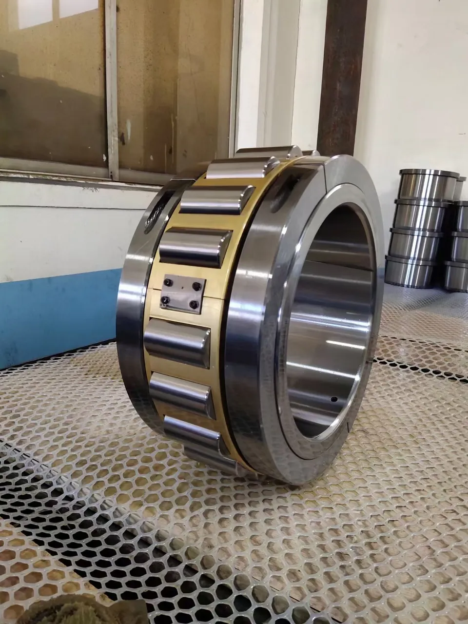A large bearing with a metal cage in the shop