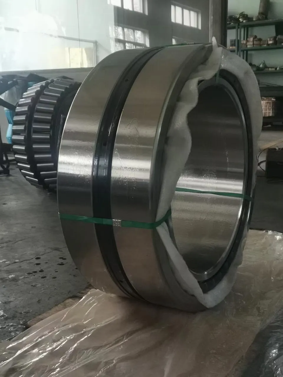 Two large ring products installed vertically in the shop